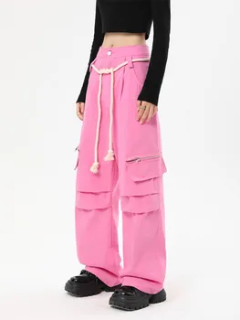 Streetwear Veľké Vrecká Ružová Cargo Nohavice Ženy Móda Joggers Žena Vysoký Pás Neforemné 2022 Jeseň Bežné Nohavice Dievča Vintage