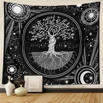 Tretie Strom života Gobelín Stene Visí sun moon hviezdne nebo black Art Decor Estetické Mandala Čiar Boho Tapisérie