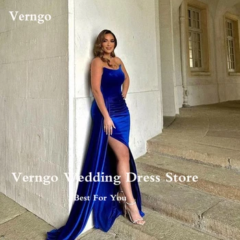 Verngo Royal Blue Velvet Dlhé Šaty Ples Ženy Bez Ramienok Split Dĺžka Podlahy Plus Veľkosť Strany Prom Šaty Formálne Príležitosti Šaty