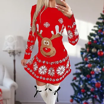 Vianočné Elegantné dámske Mini Šaty Jeseň Zima Okrúhlym Výstrihom, Dlhý Rukáv Elk Snowflake Vytlačené Ženy Pulóver Šaty