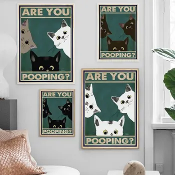 Vtipný Kúpeľňa Wall Art Ste Pooping Plátno Tlačí s Cute Cat Citácie Ideálny pre Wc a WC Dekor