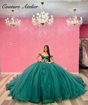 Zelené Lesklé Luxusné Crystal Quinceanera Šaty Off Ramenný Narodeninovej Party plesové Šaty, Vestidos de 15 años