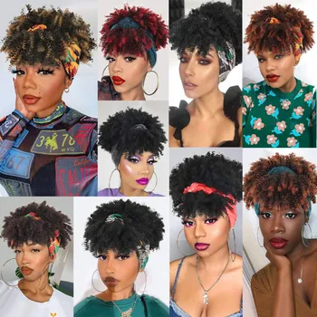Čelenka Parochňu Krátke Kinky Afro Kučeravé Syntetické Vlasy, Parochne Pre Čierne Ženy Načechraný Kučery, Hairband Afriky Turban Zábal Na Vlasy