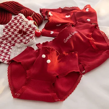 Červené spodné Prádlo Pre Ženy pri Narodení Znamenie 4PCS 100% Bavlna Antibakteriálne Nohavičky Polovice Vznik Čipky Lingeries Pre Ženy