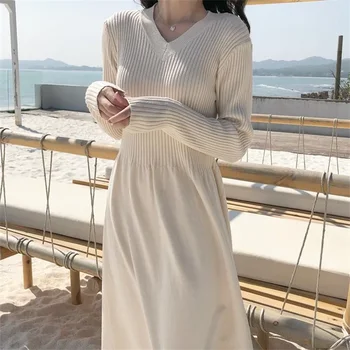 Ženy Pletené Dlhé Šaty Jeseň Zima 2023 Elegantné Skladaný Riadok Elegantné Šaty Žien V Krku Bežné Dámy Rebrovaný Vestidos