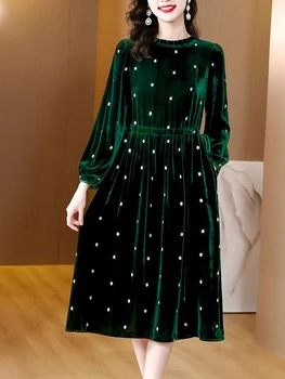 Ženy Zelená Polka Dot Velvet Midi Šaty Jeseň Zima Hrubé Teplé Elegantné Oblečenie Pre Voľný Čas 2023 Kórejský Vintage Bodycon Plarty Šaty