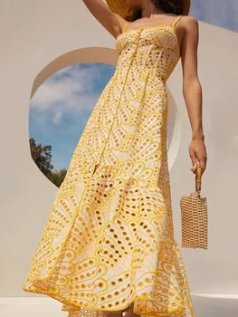 Žltá Duté Sa Eleganciu Šaty Žien 2023 Lete Špagety Spojení Vintage Šaty Dámske Bez Rukávov Luxusný Dizajn Oblečenie