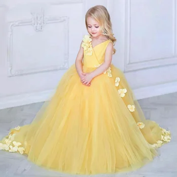 Žltá Kvetina Dievča Šaty Tylu Opuchnuté V Krku S 3D Kvetinami A Odkalovacích bez Rukávov Pre Svadby, Narodeniny Banquet Princezná Šaty